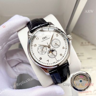 High Quality Replica IWC Different Colors Genuine Leather Strap Dark White Dial Silver Stainless Steel Case Watch 42mm
